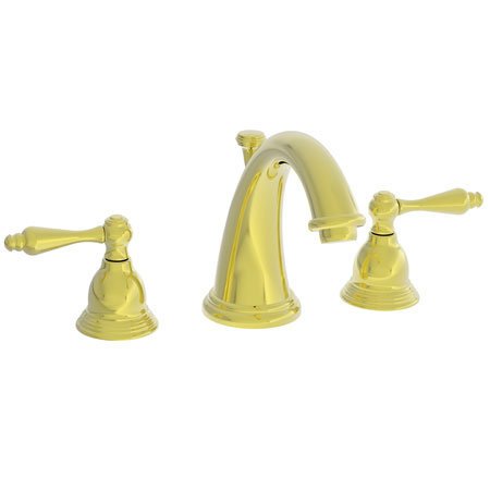 Three-piece widespread brass lavatory faucet with arched spout and lever handles in polished brass finish.