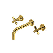Unlacquered brass wall-mount lavatory faucet trim with curved spout and cross handles.