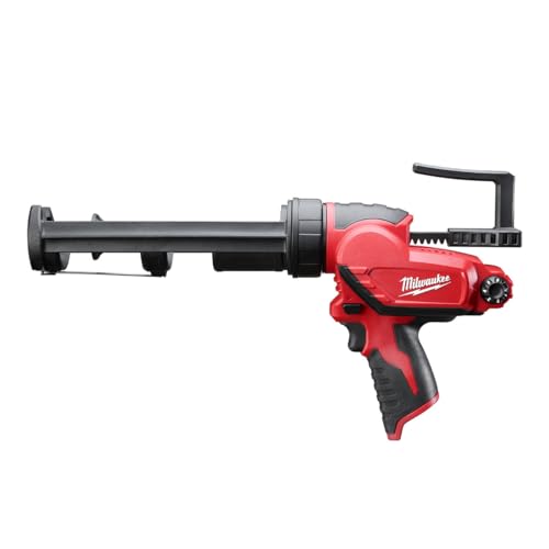 Red and black Milwaukee M12 cordless caulk gun with barrel and trigger mechanism.