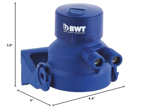 Blue BWT filter head with chrome connections and dual outlet ports, measuring 3.6 inches tall.