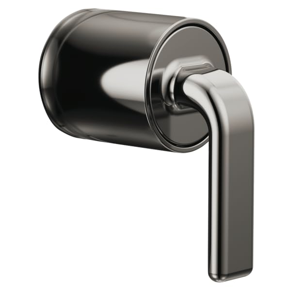 Chrome pressure balance valve trim with black cylindrical body and metallic twist lever handle.