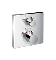 Brushed nickel square thermostatic shower trim with two circular control knobs mounted on rectangular plate.
