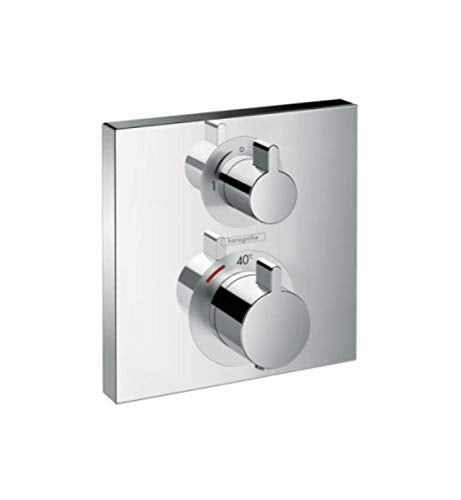 Brushed nickel square thermostatic shower trim with two circular control knobs mounted on rectangular plate.