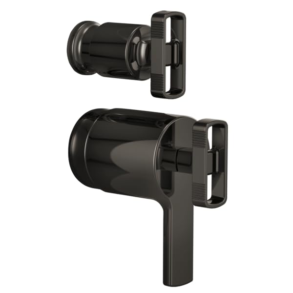 Black thermostatic valve with diverter trim, featuring rectangular knob handles and cylindrical body components.