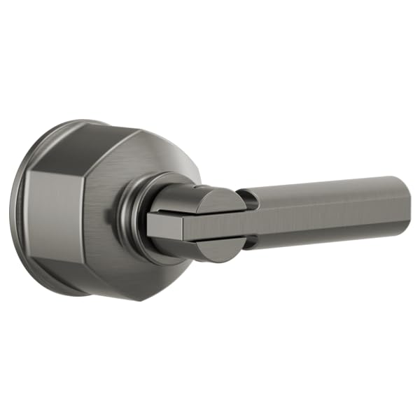 Brushed nickel pressure balance valve trim with lever handle and circular mounting plate.