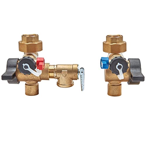 Two brass tankless water heater valve sets with red and blue shutoff handles, relief valves, and sweat connections.