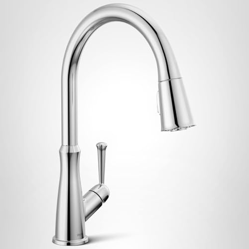 Chrome kitchen faucet with tall curved spout and pull-down spray head on white background.