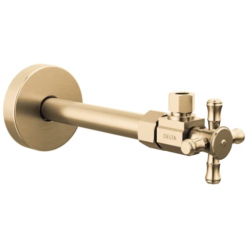 Champagne bronze angled supply stop valve with cross-shaped handle and wall-mounted circular escutcheon plate.