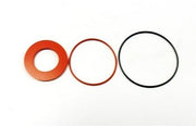 Three rubber sealing rings in varying sizes: solid red washer, red rubber ring, and black rubber ring.