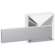 Chrome lever handle with rectangular profile and mounting bracket for toilet tank.