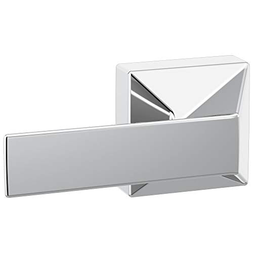 Chrome lever handle with rectangular profile and mounting bracket for toilet tank.