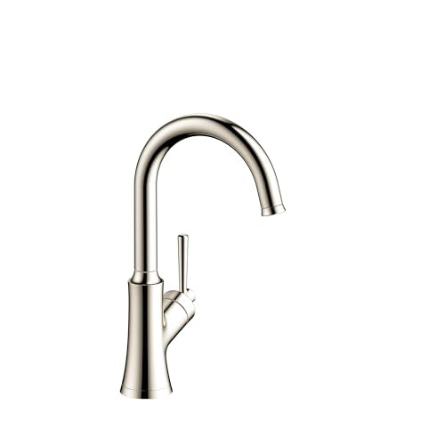 Polished nickel bar faucet with curved spout and single lever handle.