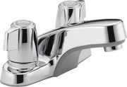 Chrome two-handle bathroom faucet with curved spout and circular knob handles.
