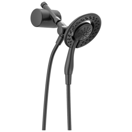 Matte black dual-function shower head with handheld attachment, flexible hose, and wall mount bracket.