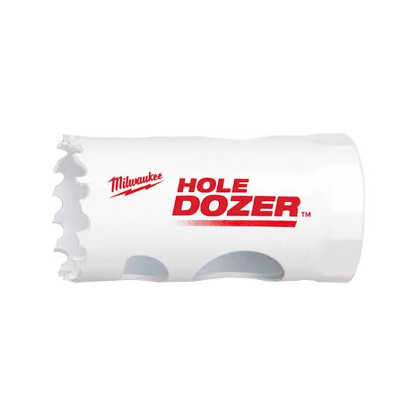Milwaukee 11/16" HOLE DOZER bi-metal hole saw with serrated cutting edge and Milwaukee branding on white cylinder.