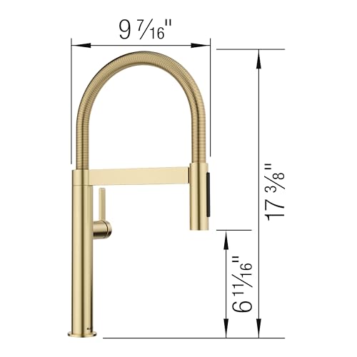 Satin gold single-handle pull-down faucet with coiled hose and rectangular spout, measuring 9 7/16" wide and 17 3/8" tall.