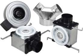 Ceiling exhaust fan components including dual grille housing, motor unit, LED light trim ring, and ductwork connector.