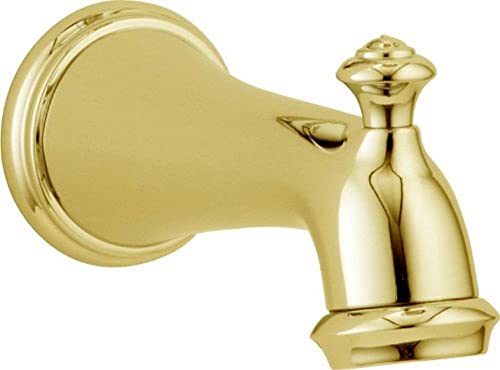 Polished brass tub spout with pull-up diverter and decorative flange.