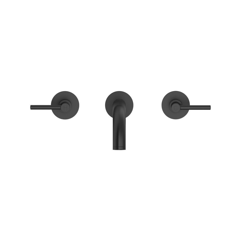Pair of matte black lever handles with circular escutcheons and center spout for wall-mounted faucet installation.