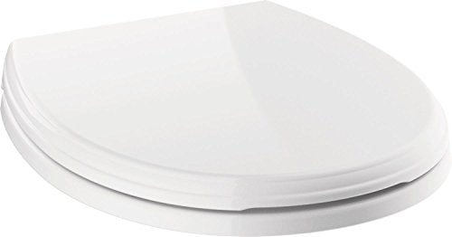 White round toilet seat with soft-close lid and hinges visible from side angle.