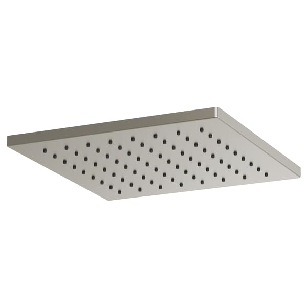 Square brushed nickel raincan shower head with perforated spray pattern surface and recessed edge trim.