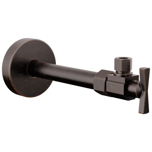 Bronze angled supply stop valve with cylindrical body, wall-mounted circular escutcheon, and lever handle.