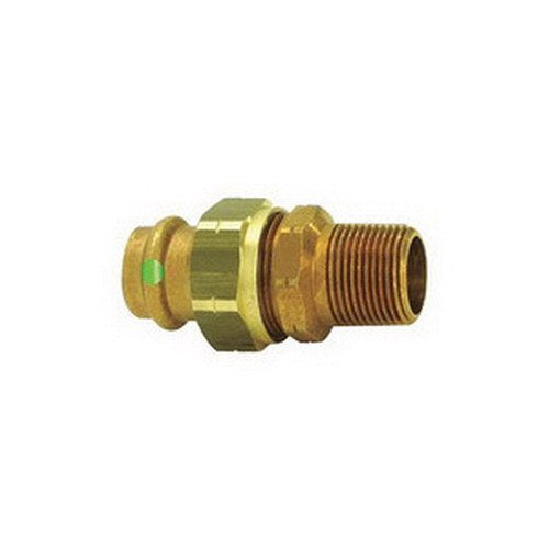 Bronze 1/2" press union fitting with threaded male connection and smooth coupling ends.