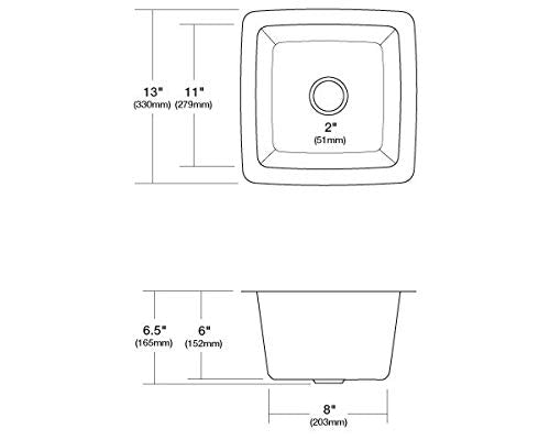 Small square hammered copper bar sink with 2-inch drain hole, measuring 13 inches wide and 6.5 inches deep.