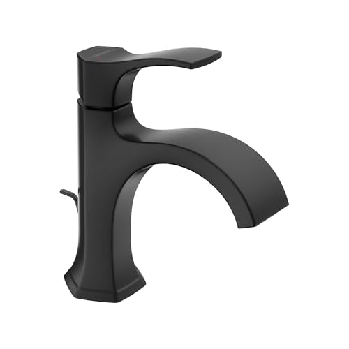 Matte black single-hole bathroom faucet with curved spout and lever handle.