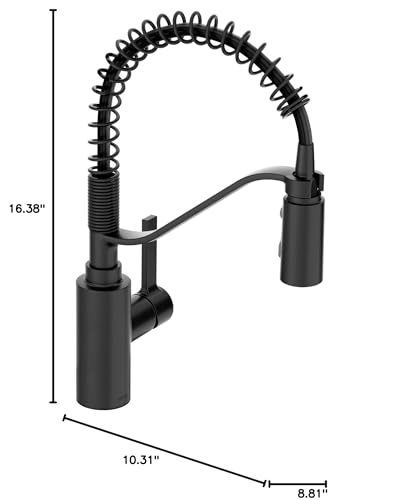 Matte black single-handle kitchen faucet with coiled spring spout and pull-down spray head, 16.38 inches tall.