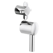Chrome shower valve trim with dual cross handles and cylindrical body for pressure balance control.