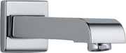 Chrome tub spout with curved spout extending from square wall-mounted flange.