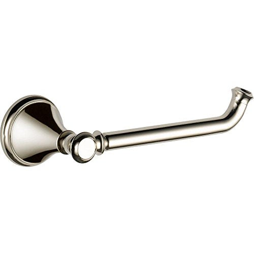 Polished chrome tissue holder with curved arm and circular mounting base.