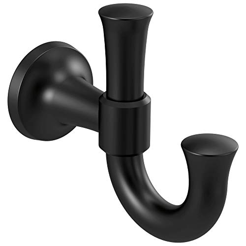 Black metal robe hook with two cylindrical hooks and a round wall-mounted base.