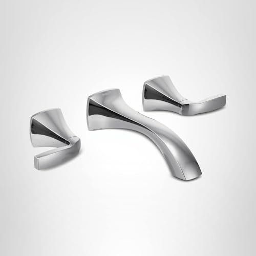 Chrome two-handle wall mount bathroom faucet trim kit with curved spout and lever handles.