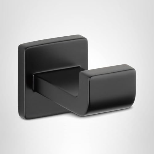 Matte black robe hook with square wall plate and cylindrical hook extending from center.