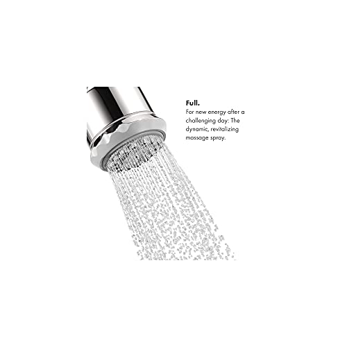 Matte black Hansgrohe Clubmaster showerhead with chrome trim releasing water spray downward.