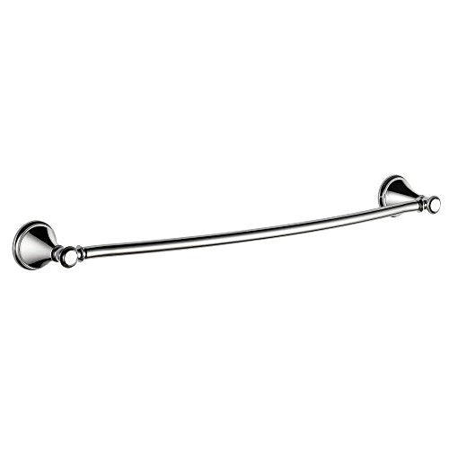 Chrome towel bar with decorative circular wall mounts on each end and small knob details.
