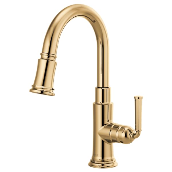 Champagne bronze pull-down kitchen faucet with curved spout and single lever handle.