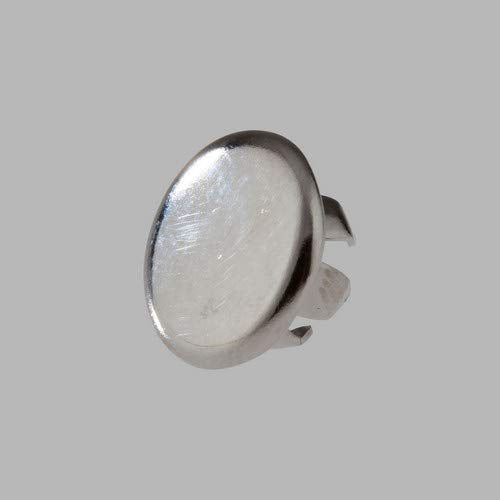 Chrome finish oval plug button with metal escutcheon backing and mounting hardware.
