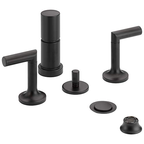 Black bidet faucet set with two lever handles, central spout, and matching accessories in matte finish.