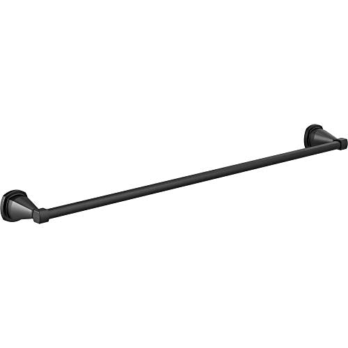 Black metal towel bar with cone-shaped end caps mounted horizontally.