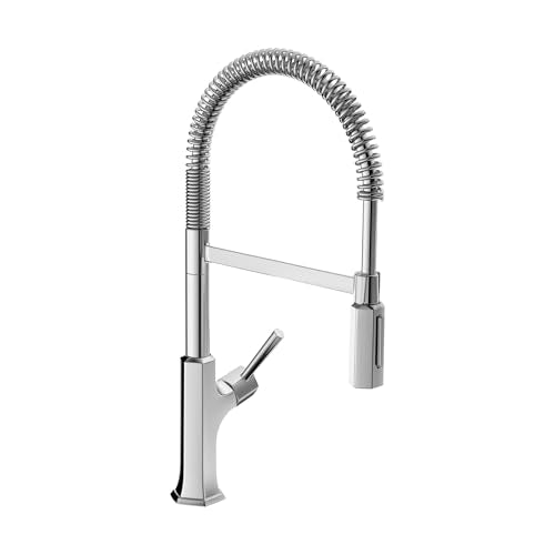 Chrome semi-pro kitchen faucet with high arc spout, coiled spray hose, and side lever handle.
