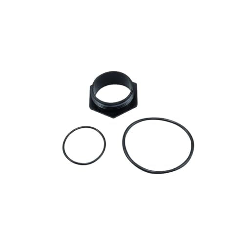Black hexagonal nut and two rubber sealing rings of different sizes on white background.