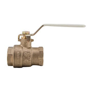 Brass 2-inch ball valve with female threaded ports and extended gray lever handle.