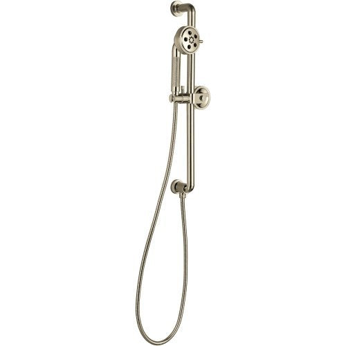Polished nickel slide bar shower system with handheld showerhead, adjustable height slide, and control wheel.