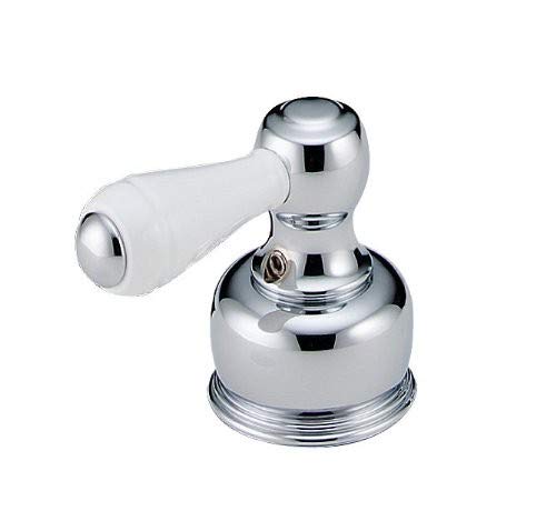 Chrome two-handle bathroom faucet with white porcelain lever handles and round valve body.
