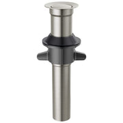 Stainless steel push pop drain assembly with black rubber collar and side handles for sink installation.