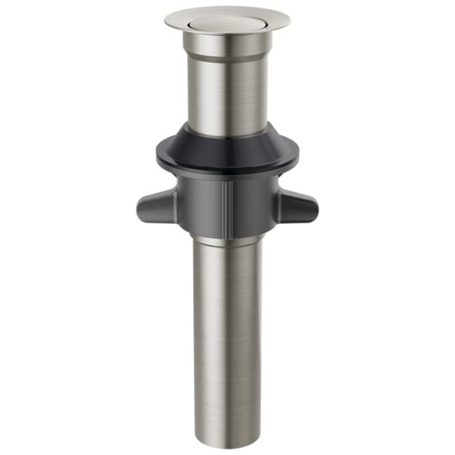 Stainless steel push pop drain assembly with black rubber collar and side handles for sink installation.