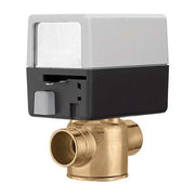 Brass zone valve with 1/2 inch sweat connections and gray and black motorized actuator head mounted on top.